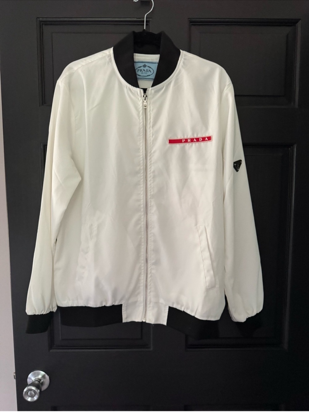 Prada White unisex Bomber Jacket with Black Trim fits like medium US size